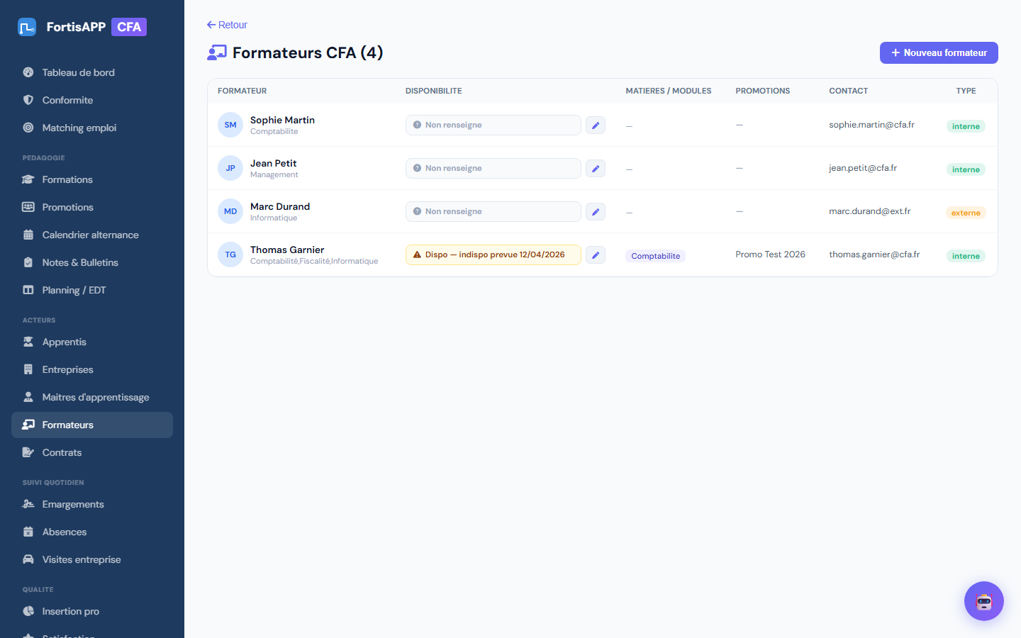 Gestion formateurs FortisApp